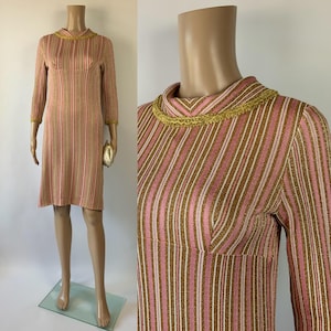 Vintage 1960&#39;s Sparkly Cocktail Dress / Gold Pink Striped Dress / Sixties Dinner Gown / Size S