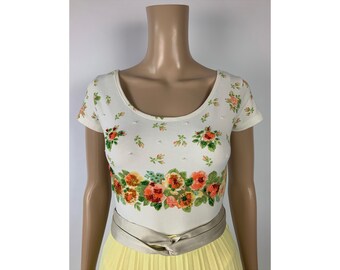 Vintage con cuentas blusa floral blanco manga corta cuerpo lindo Cottagecore verano top tamaño S - M