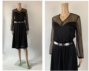 Vintage Sheer Sleeve Sweetheart Bodice Dress 1970's Black Knee Length Size S - M
