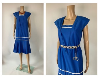 Vintage 1980's Boxy Shoulders Blue Nautical Dress Flapper Style Drop Waist Summer Pleated Midi Size S KATIES