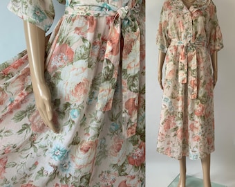Vintage Romantic Pink Sheer Floral Summer Dress / 80s Sailor Collar Garden Party Gown / Light Weight Indian Cotton