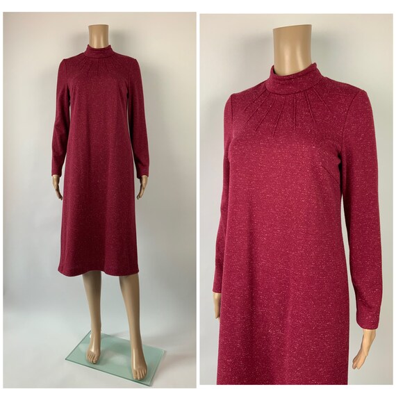 1970's High Neck Dark Pink Vintage Work Dress Woo… - image 9