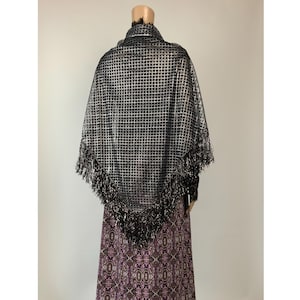 Vintage 1970s Sheer Silver Metallic Disco Shawl | Triangular Fringe Scarf Wrap | 70s Studio 54 Sheer Lurex Glam Rock Chic Tinsel Cape
