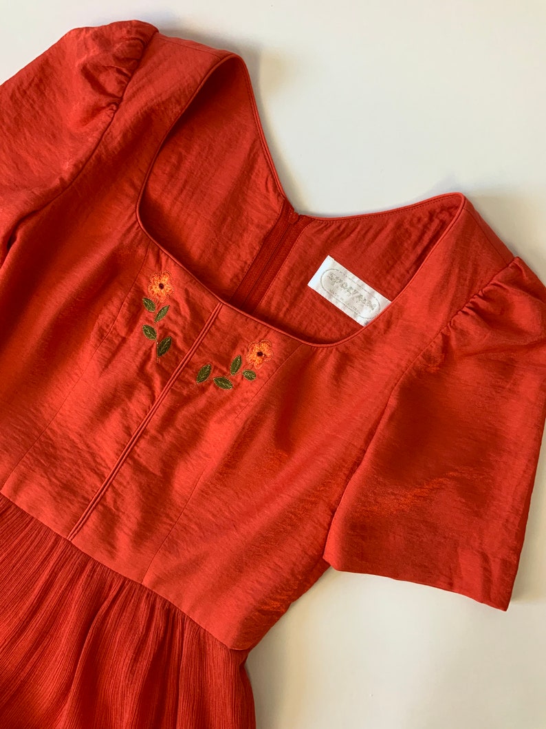 Vintage Red Summer Maxi Dress Puff Sleeve Austrian Folk Dirndl Gown Size S SPORTALM zdjęcie 9