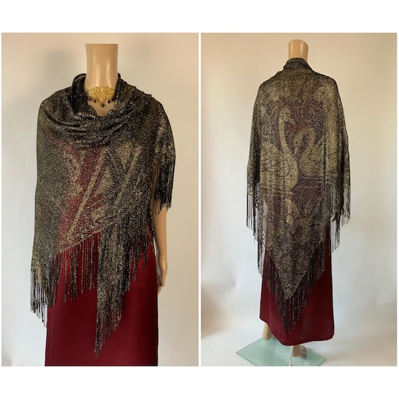 Vintage Gold Triangle Piano Scarf / Shiny Metallic Fringe