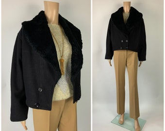 Vintage 1980's Big Faux Fur Collar Jacket Black Batwing Short Coat Size S - M