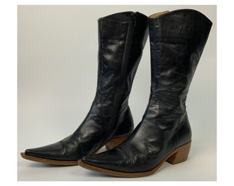 Vintage Black Pointy Toe Block Heel Leather Boots Cowboy Style Size EU 36 UK 3,5 US 6