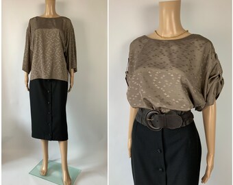 1980's Swan Bird Print Silky Brown Vintage Blouse Drop Shoulder Multiway Shirt Size M