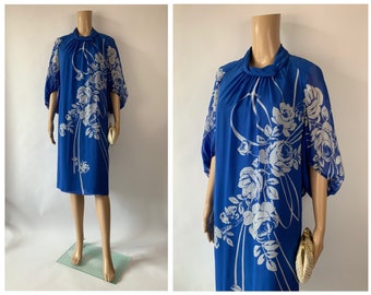 KAZAZIAN 1960's Vintage Blue Floral Silk Chiffon Cocktail Dress Sixties Sheer Cape Sleeve Size M