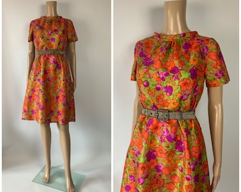 Vintage 1960's Vibrant Floral Silk Dress Watercolour Flower Wedding Guest Gown Size S - M