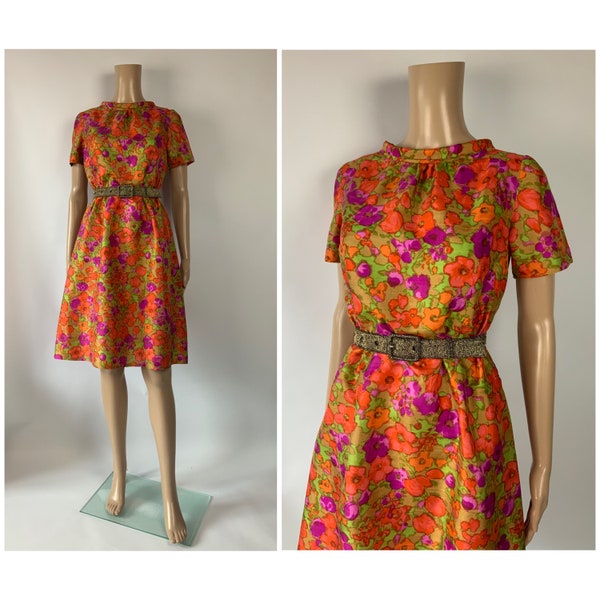 Vintage 1960's Vibrant Floral Silk Dress Watercolour Flower Wedding Guest Gown Size S - M