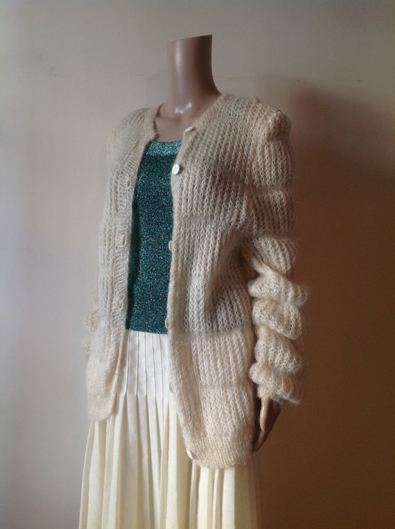 Fluffy Mohair Virago Long Sleeve Cardigan Knit, Cr
