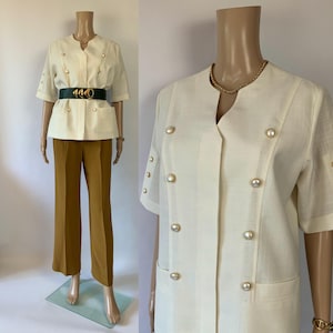 Vintage 80er Jahre Kurzarm Blazer / weiße Wolljacke / zweireihig geknöpft / klassisch eleganter Blazer / Blazer / Größe M - L