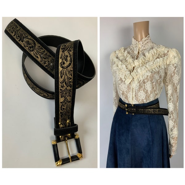 Vintage Black Gold Ornament Decorated Belt Western Style Velvet Waist Belt Faux Suede