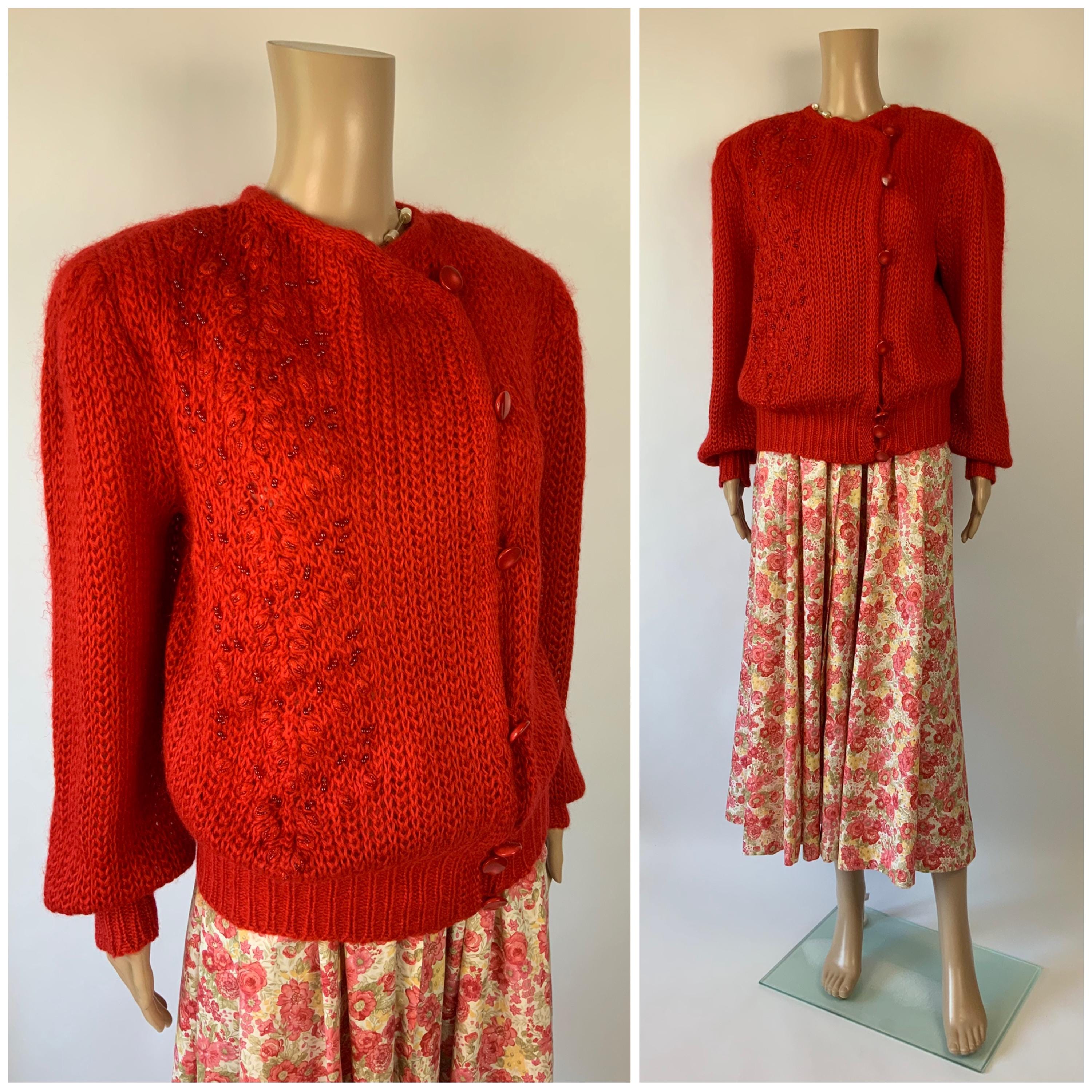 Vintage 1970's Red Mohair Cardigan / Beaded Wool Sweater
