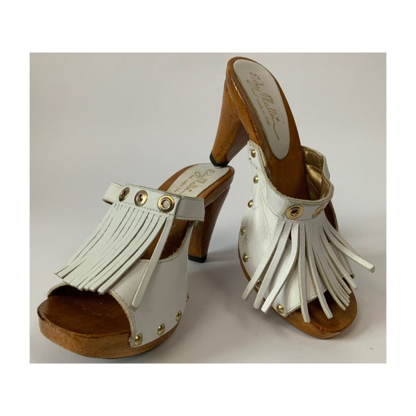 Vintage 1970's Wooden Open Toe Mules Bohemian White Leather Tassel Platform Clogs Size EU 37 UK 4 US 6,5-7