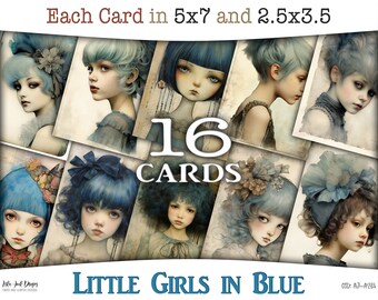 Little girls digital cards: Printable Journaling and ATC with whimsical girl portraits, vintage paper backgounds and soft colors, CU AJ-A234