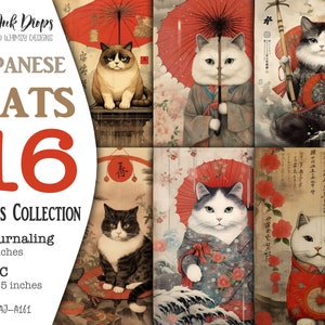 Collection d'images numériques imprimables de chats japonais : journaux indésirables, journal de style vintage et ATC avec chats en kimono et Wagasa CU, AJ-A161