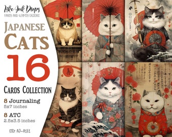 Japanische Katzen digital druckbare Bildersammlung: Junk Journals Vintage-Stil Journaling und ATC mit Katzen in Kimono und Wagasa CU, AJ-A161