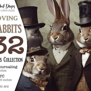 32 Printable Rabbits with Strange Hats Digital Cards Sammlung: 16 Journaling-Seiten und 16 ATC-Karten für Geschenke, Junk Journal, CU, AJ-A026