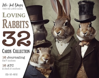 32 Printable Rabbits with Strange Hats Digital Cards collection: 16 Journaling pages and 16 ATC cards for Gifts, Junk Journal, CU, AJ-A026