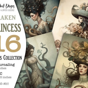 Surreal Kraken Princess 8 ATC cards and 8 Journaling pages: Vintage style printable collection for Gift and your Junk Journal, CU, AJ-A012