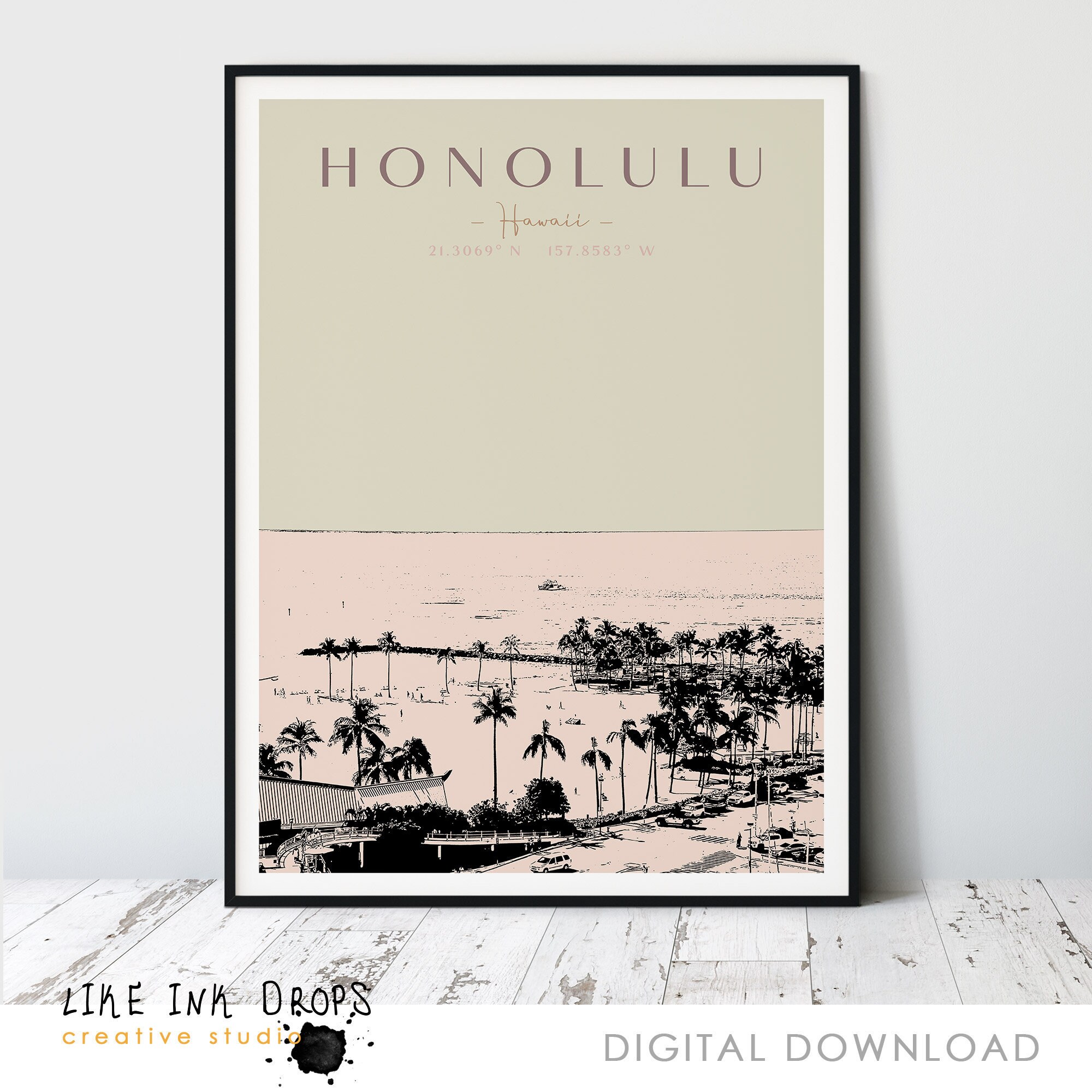Honolulu Wall Art Decor Hawaii Minimalist Skyline Image Oahu Etsy
