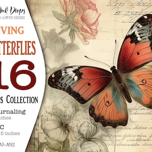 16 cartões digitais Loving Butterflies para impressão: estilo postal vitoriano vintage, 8 diários e 8 ATC para presentes, Junk Journal, CU, AJ-A031