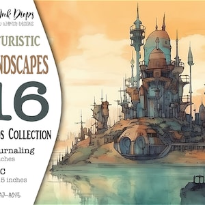 Futuristic Landscapes and Buildings printable Junk Journal pages: Digital ATC and Journaling Watercolor cards collection, CU, AJ-A095