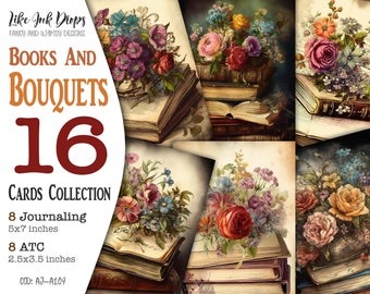 Bouquets and Books digital images collection for Junk Journal: 16 Printable Atc and Journaling with colorful Flowers and Books, CU, AJ-A109