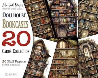 May include: A collection of 20 printable digital papers featuring whimsical dollhouse bookcases. Each paper is 5.5 inches by 8.5 inches and features intricate details like books, plants, and decorative elements. The papers are perfect for scrapbooking, card making, and other craft projects.
