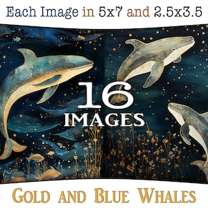 Baleias azuis nadando no oceano com estrelas douradas: pintura digital em aquarela para impressão, cartões Surreal ATC e páginas de diário CU, AJ-A248