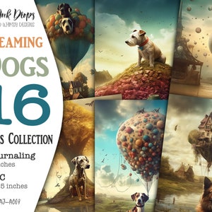 Afdrukbare Dreaming Dogs Junk Journal-pagina's met kleurrijke Fantasy-landschappen: Digitale surrealistische ATC- en Journaling-kaartencollectie CU, AJ-A069