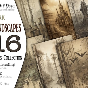 May include: A collection of 16 dark landscape cards, featuring a variety of spooky scenes, including a castle, a forest, and bats. The cards are perfect for journaling or creating art.  The cards are 5x7 inches and 2.5x3.5 inches.  COD: AJ-A014