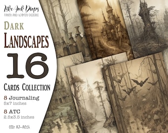 Dark Landscapes 16 cards collection: 8 ATC and 8 Journaling Sepia and Brown tone pages with Witces and Castles for Junk Journal, CU, AJ-A014