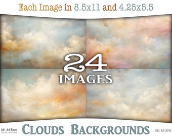 Clouds backgrounds digital images collection: Soft color printable 8.5x11 pages and 4.25x5.5 cards with sunrise and sunset clouds CU AJ-A298