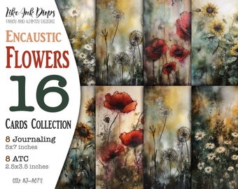 Encaustic Flowers Junk Journal Printable Cards: Digital ATC and Journaling with Dandelions, Poppies, Daisies and Sunflowers, CU, AJ-A072