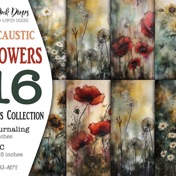 Encaustic Flowers Junk Journal Printable Cards: Digital ATC and Journaling with Dandelions, Poppies, Daisies and Sunflowers, CU, AJ-A072