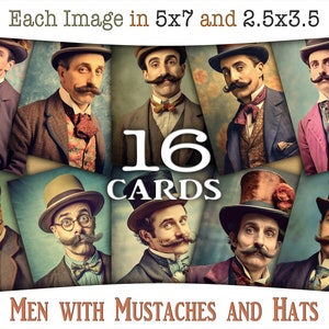 Men with Mustaches and Hats Digitaldrucke: Druckbare Karten und Seiten mit viktorianischen Porträts, Vintage-Hintergrund, sanfte Farben, CU, AJ-A269