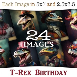 Dinosauri surreali con cappelli con papillon, sfondo colorato e decorazioni per le feste: carte ATC digitali stampabili e pagine di journaling, CU, AJ-A292