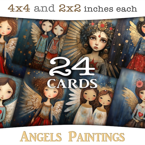 Angels paintings digital prints, Junk journal square cards: Dreamy 4x4 and 2x2 printable images with blue sky and gold sparkle, CU, SQ-A301