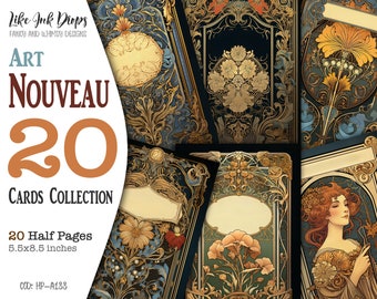 May include: A collection of 20 Art Nouveau style cards. The cards feature intricate gold and black designs with floral motifs. The text "Like Ink Drops Fancy and Whimsy Designs Art Nouveau 20 Cards Collection 20 Half Pages 5.5x8.5 inches COD: HP-A188" is printed on the cards.