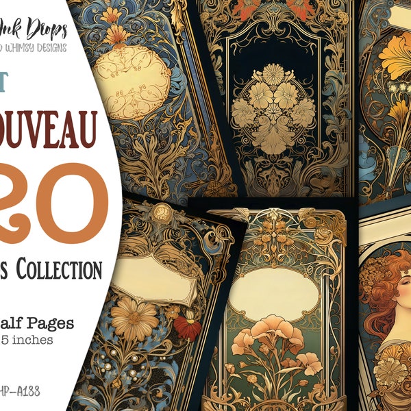 Art Nouveau digital cards: 20 half paper images in the style of Belle Époque period with flowers, decorations and portraits, CU, HP-A188