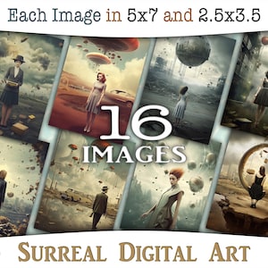 Arte digital surrealista, collages modernos distópicos con damas y caballeros: ATC imprimible y diario con escenas surrealistas, CU, AJ-A274