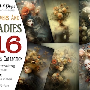 Diário digital de flores e senhoras Cartões ATC e páginas de diário: coleção surreal para impressão com imagens coloridas de mulheres, CU, AJ-A144