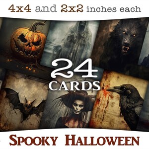 Diário de Halloween assustador e assustador Cartões quadrados: imprimíveis góticos digitais com abóboras, bruxas, corvos, lobos e fantasmas CU SQ-A229