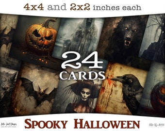 Spooky and creepy Halloween junk journal Square cards: Digital gothic printables with pumpkins, witches, crows, wolves and ghosts CU SQ-A229