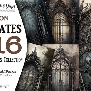 Mystical dark gothic iron Gates digital images for Junk Journals and Altered Art: 16 Printable vintage style Half Pages 5.5x8.5, CU, HP-A177