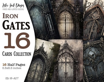 Mystical dark gothic iron Gates digital images for Junk Journals and Altered Art: 16 Printable vintage style Half Pages 5.5x8.5, CU, HP-A177