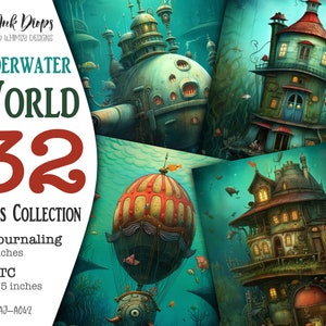 32 onderwaterwereld digitale kaarten: kleurrijke printbare verzameling van 16 dagboekpagina's en 16 ATC-kaarten met fantastische plaatsen, CU, AJ-A042
